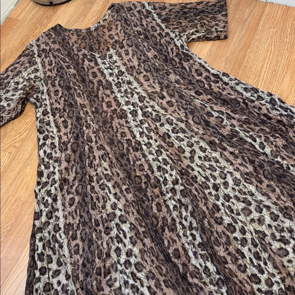 Elegant brown and cream animal print lace semi-sheer maxi dress. Size 1X.